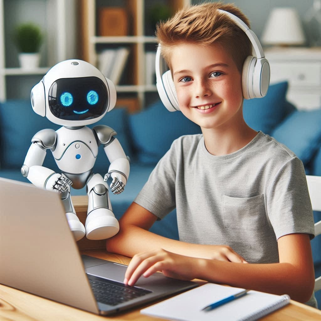 Junge arbeitet am Laptop mit KI-Roboter – steht für Finanzwissen und digitale Lernplattform Galileo Online School